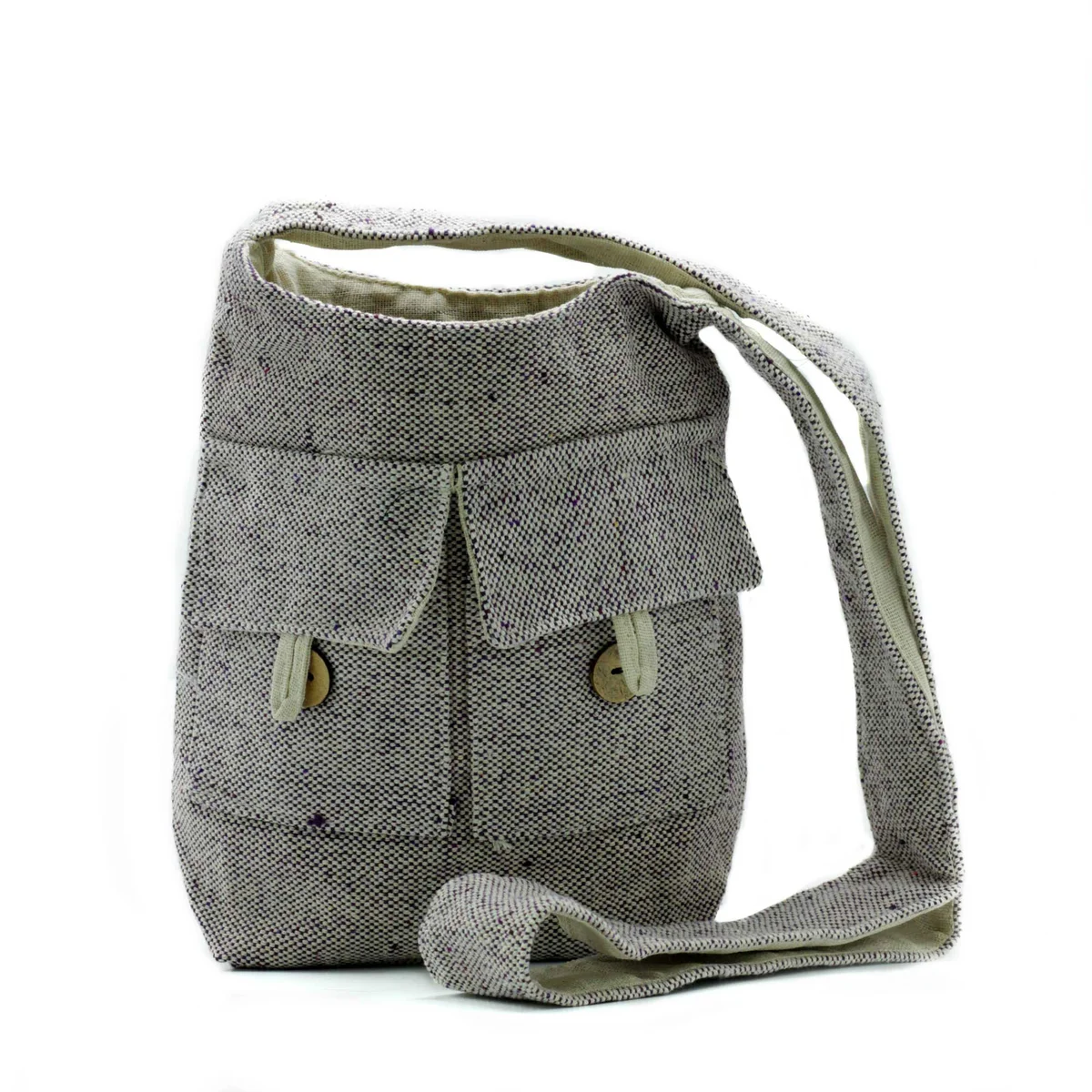 Medium soft lavender bag with two pockets in natural tones, shown against a plain background