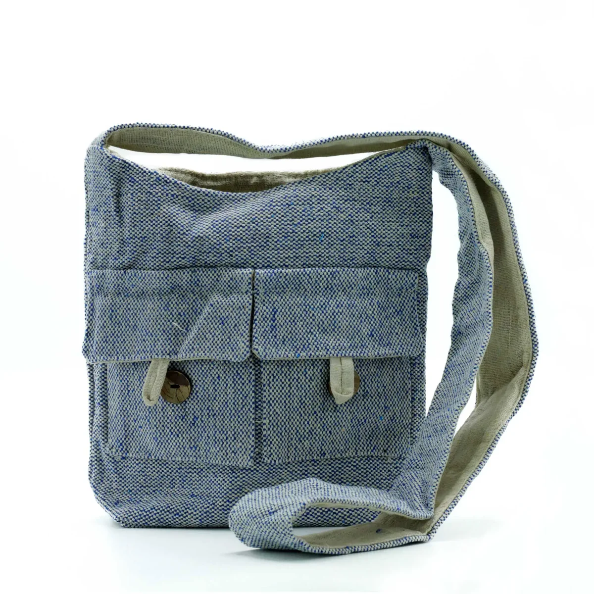 Medium denim bag with two front pockets in natural tones, suitable for everyday use and casual style