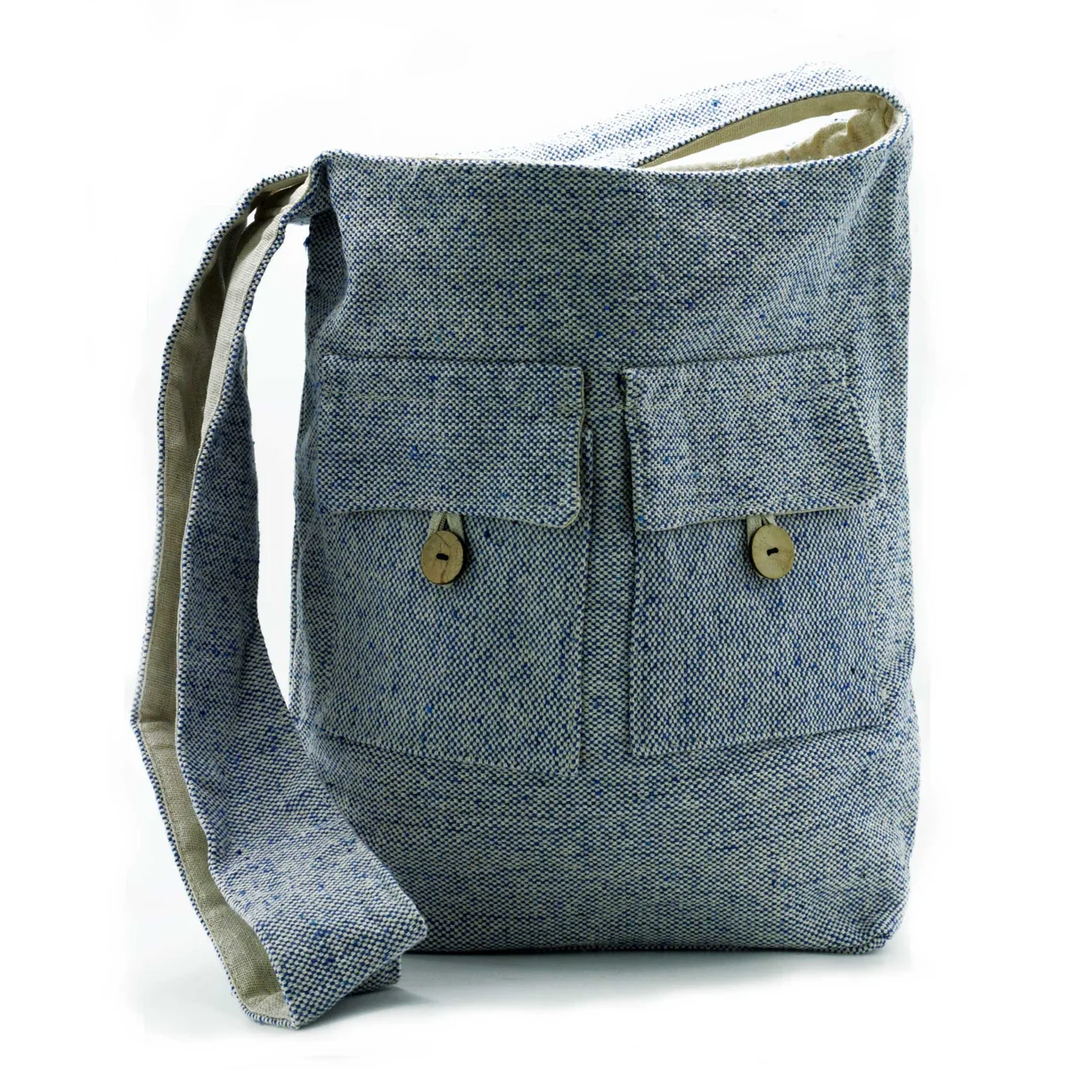 Large natural tones bag in denim with two front pockets, designed for practical everyday use