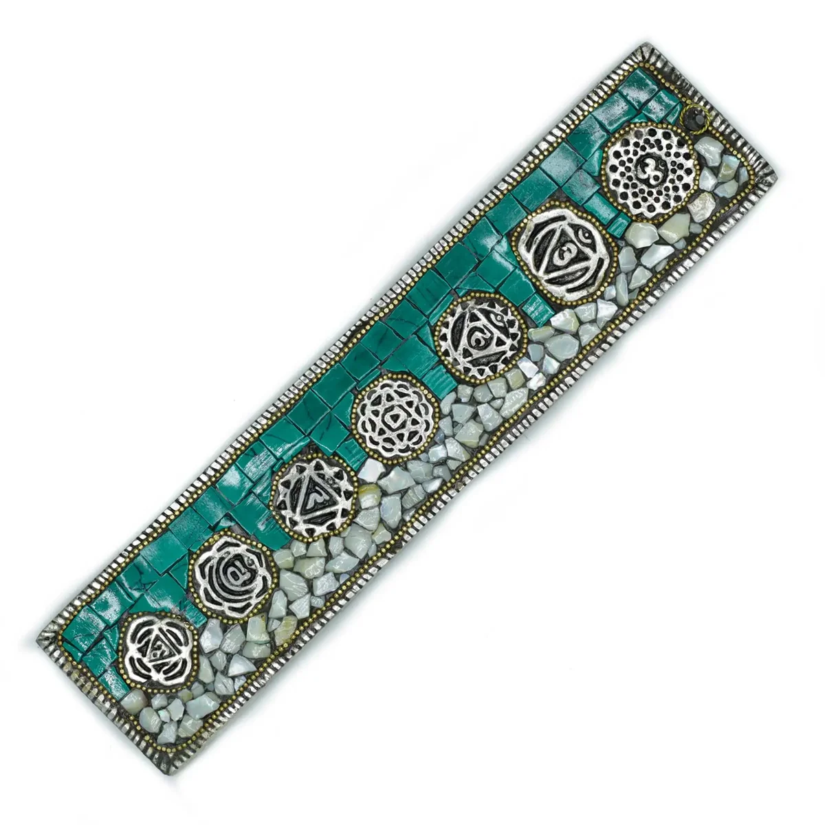 Seven chakra decor Tibetan incense holder with colorful chakra symbols and intricate traditional design on wooden base