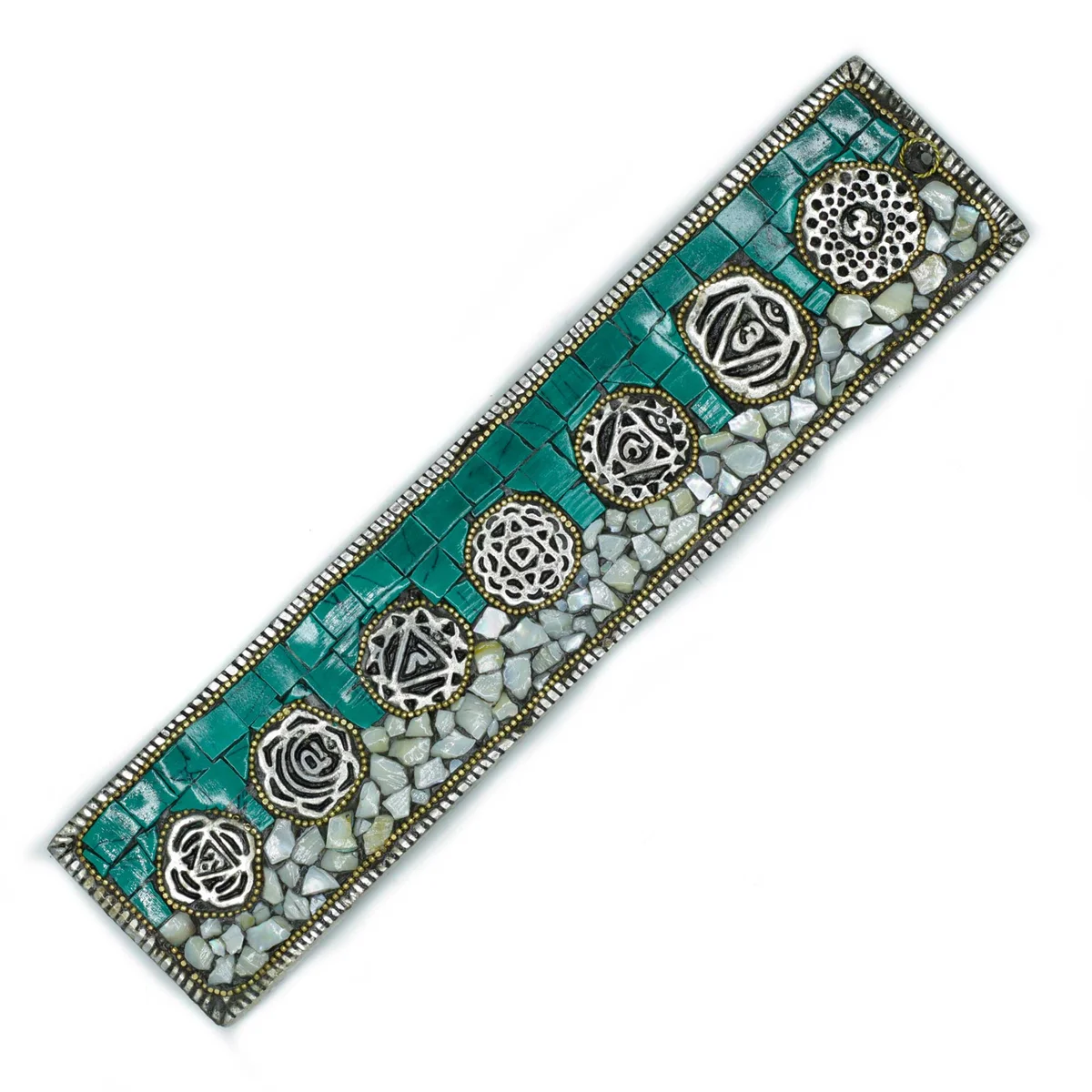 Seven Chakra Tibetan incense burner with colorful chakra symbols and intricate Tibetan decor design on wooden base