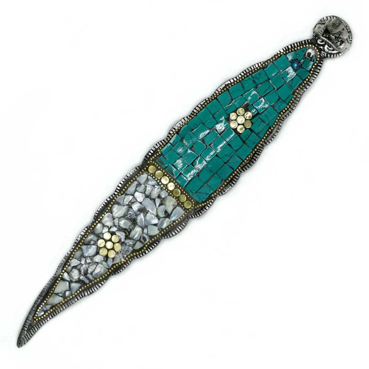 Buddha statue holding a long leaf incense holder designed in Tibetan decor style on a white background