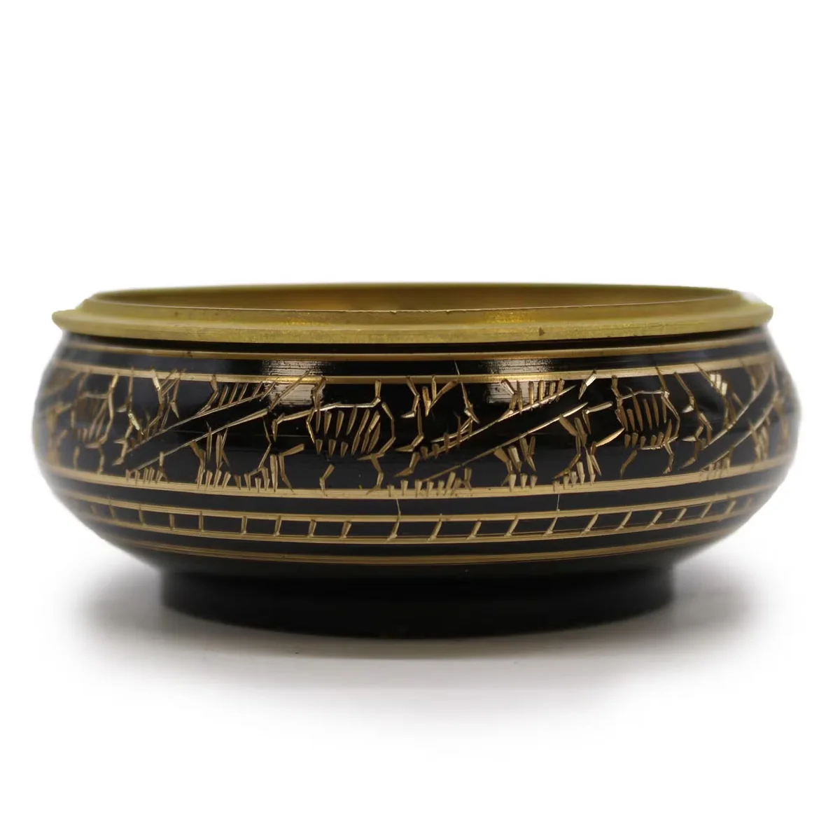 Brass carved charcoal incense container with intricate designs and a removable lid on a white background