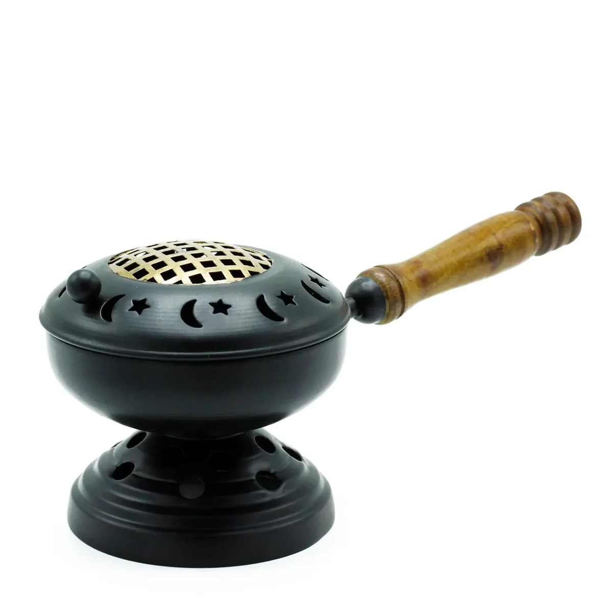 Large iron incense censer on stand with gold detail for burning incense in a decorative style