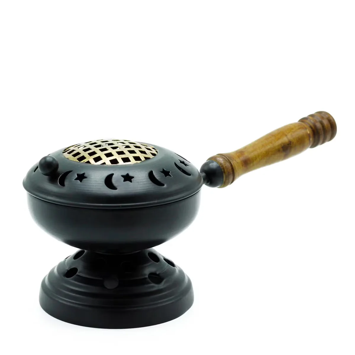 Large iron censer on stand with intricate gold detail incense holder design for burning incense safely indoors