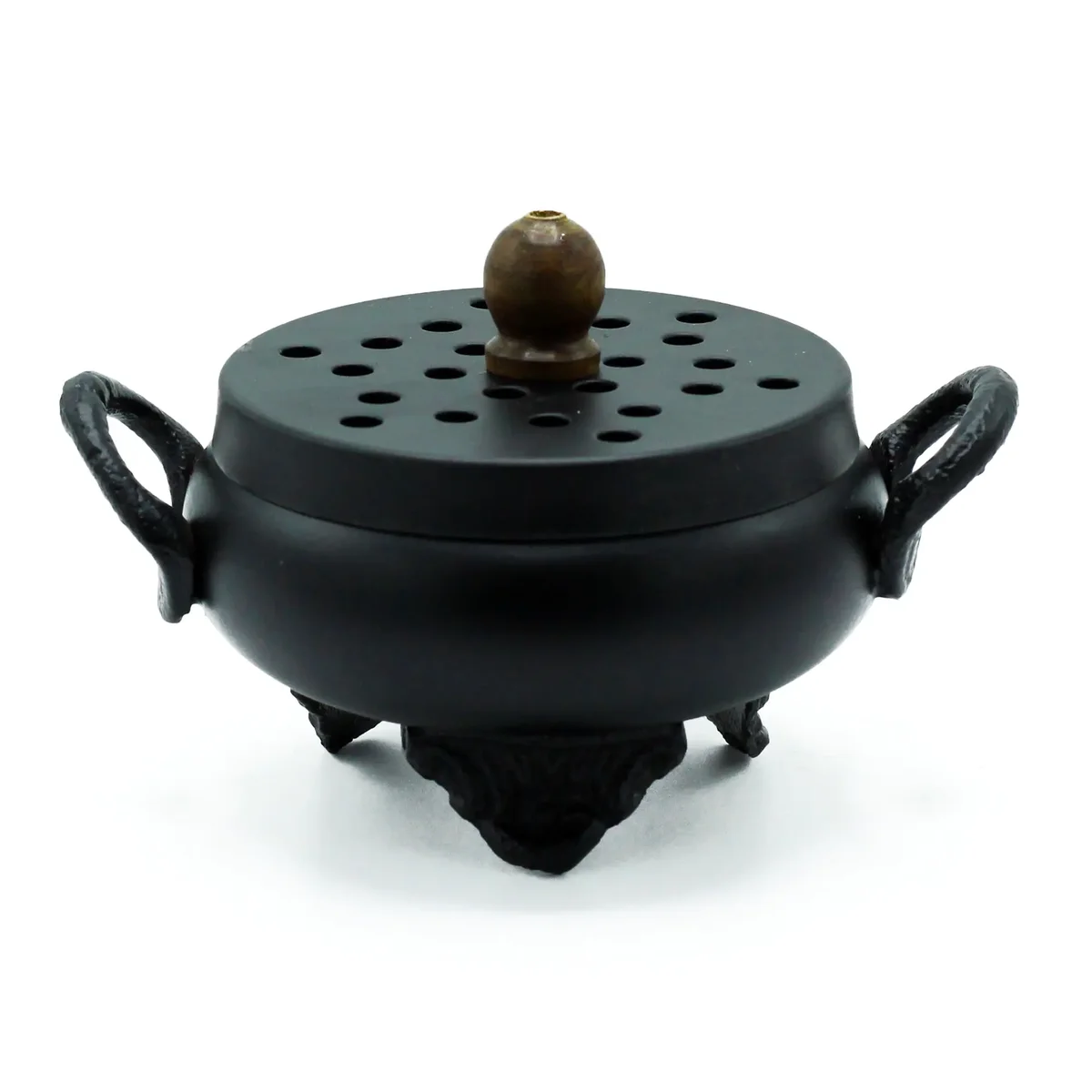 Classic iron burner: iron cauldron with round body, metal pipe, and wooden handle