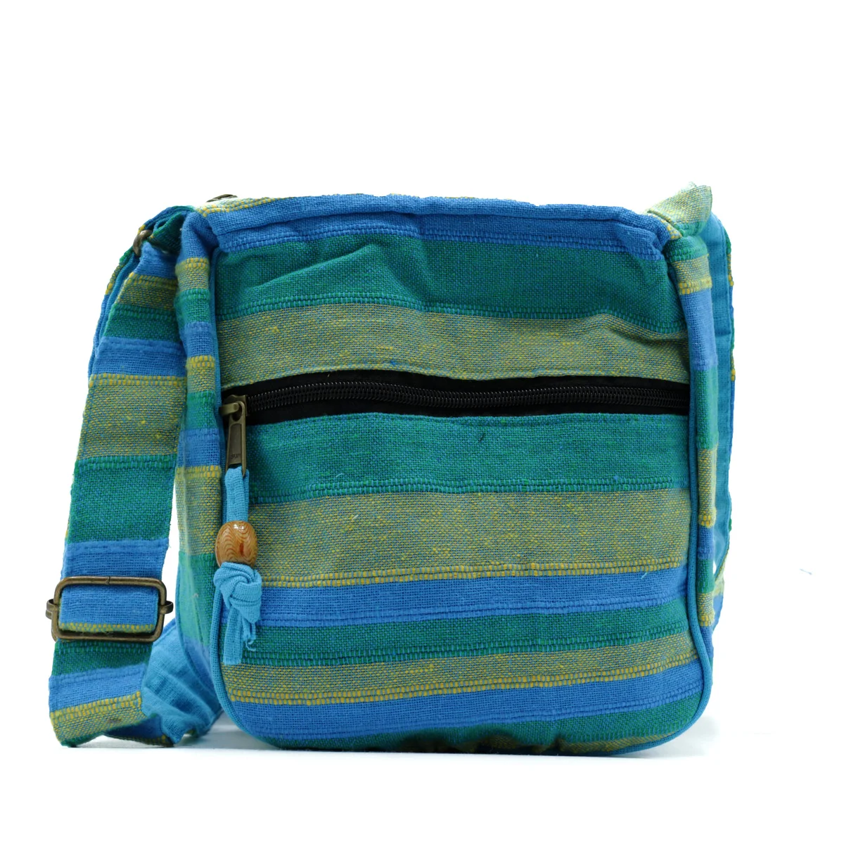 Large Nepal green blue sling bag with adjustable strap shown against a white background, highlighting its colors and design