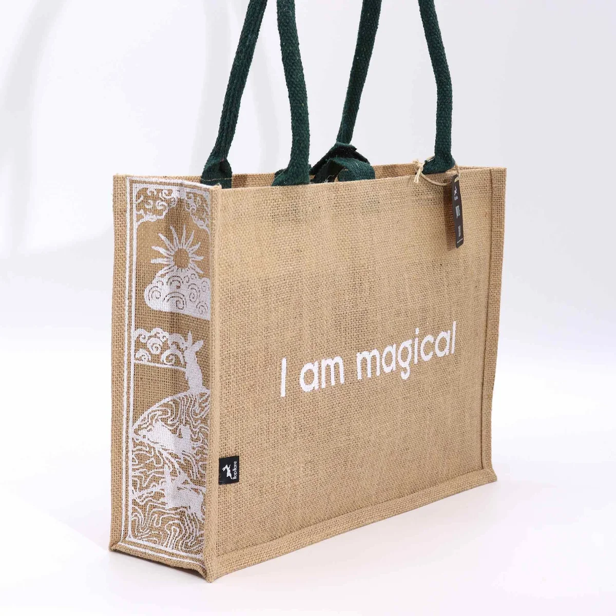 Hop Hare jute big bag with "I am Magical" text printed, natural woven texture, reusable shopping bag