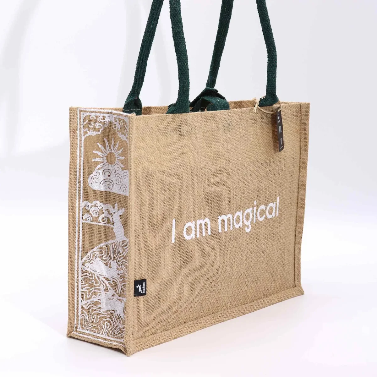 Large jute bag with Hop Hare design and "I am Magical" text printed on the front