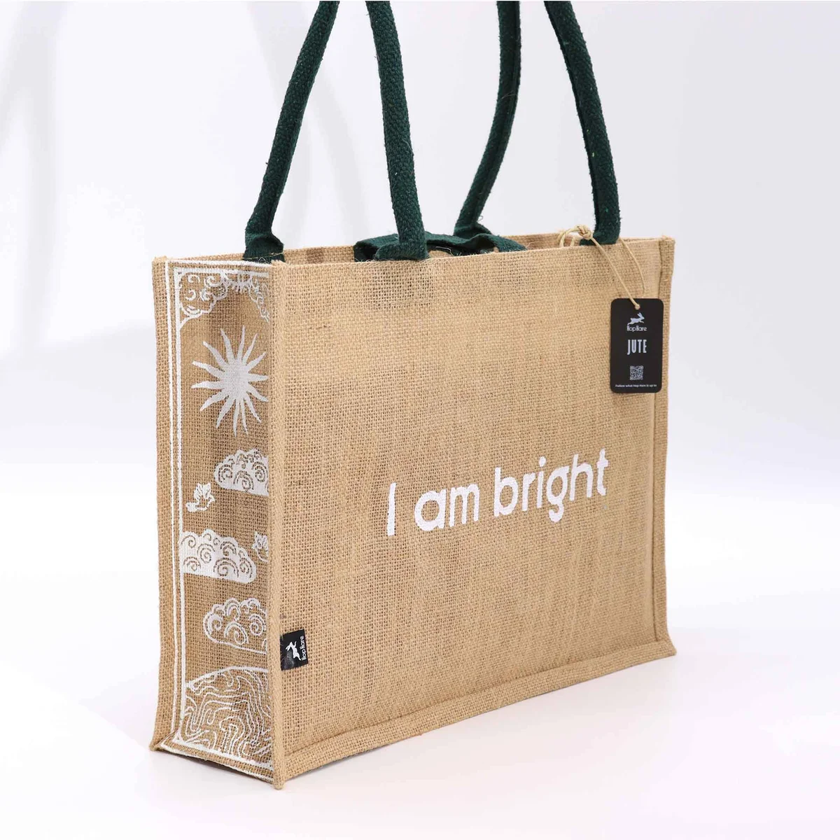 Hop Hare Jute Big Bag with "I am Bright" text, eco friendly tote made from natural jute material, spacious design