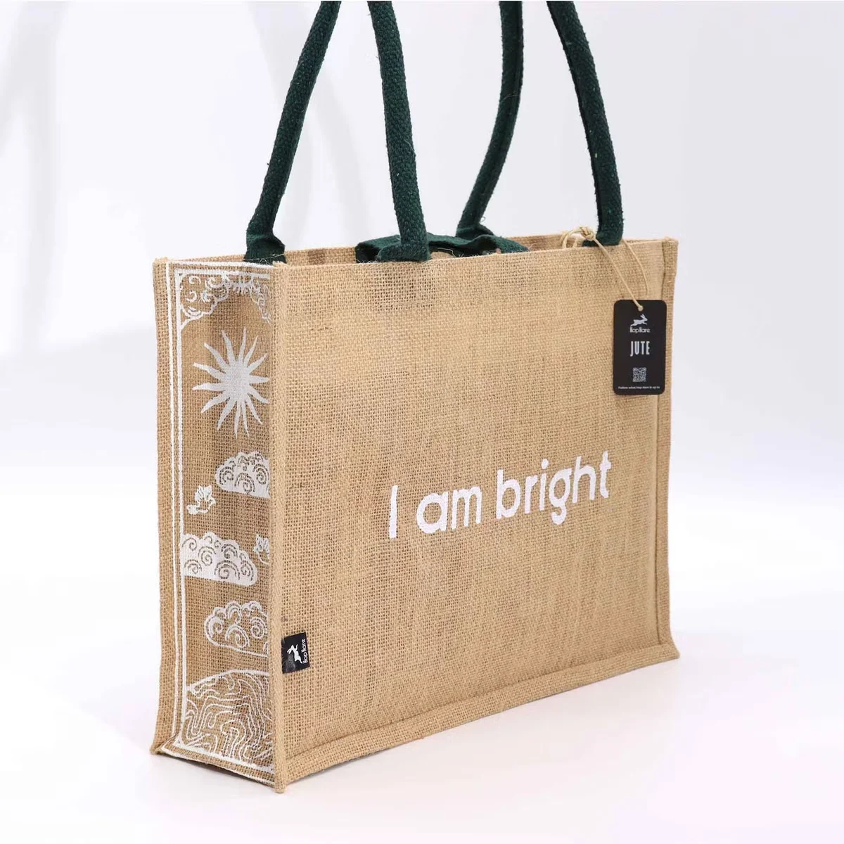 Bright jute bag with Hop Hare branding and "I am Bright" text, large size for versatile use