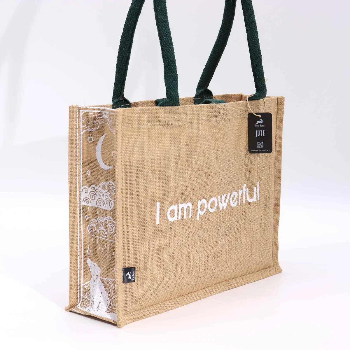 Large jute tote with "I am Powerful" text and Hop Hare branding on natural jute fabric background