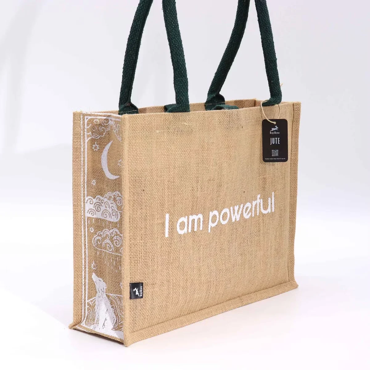 Hop Hare Jute Big Bag with "I am Powerful" text, showcasing a powerful message bag design in natural jute material