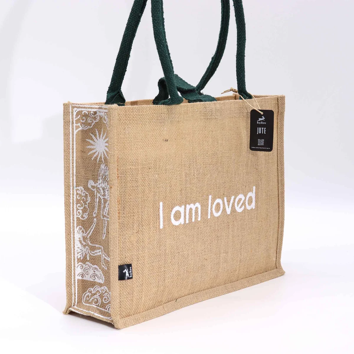 Hop Hare Jute Big Bag with "I am Loved" text, eco friendly tote made from natural jute material