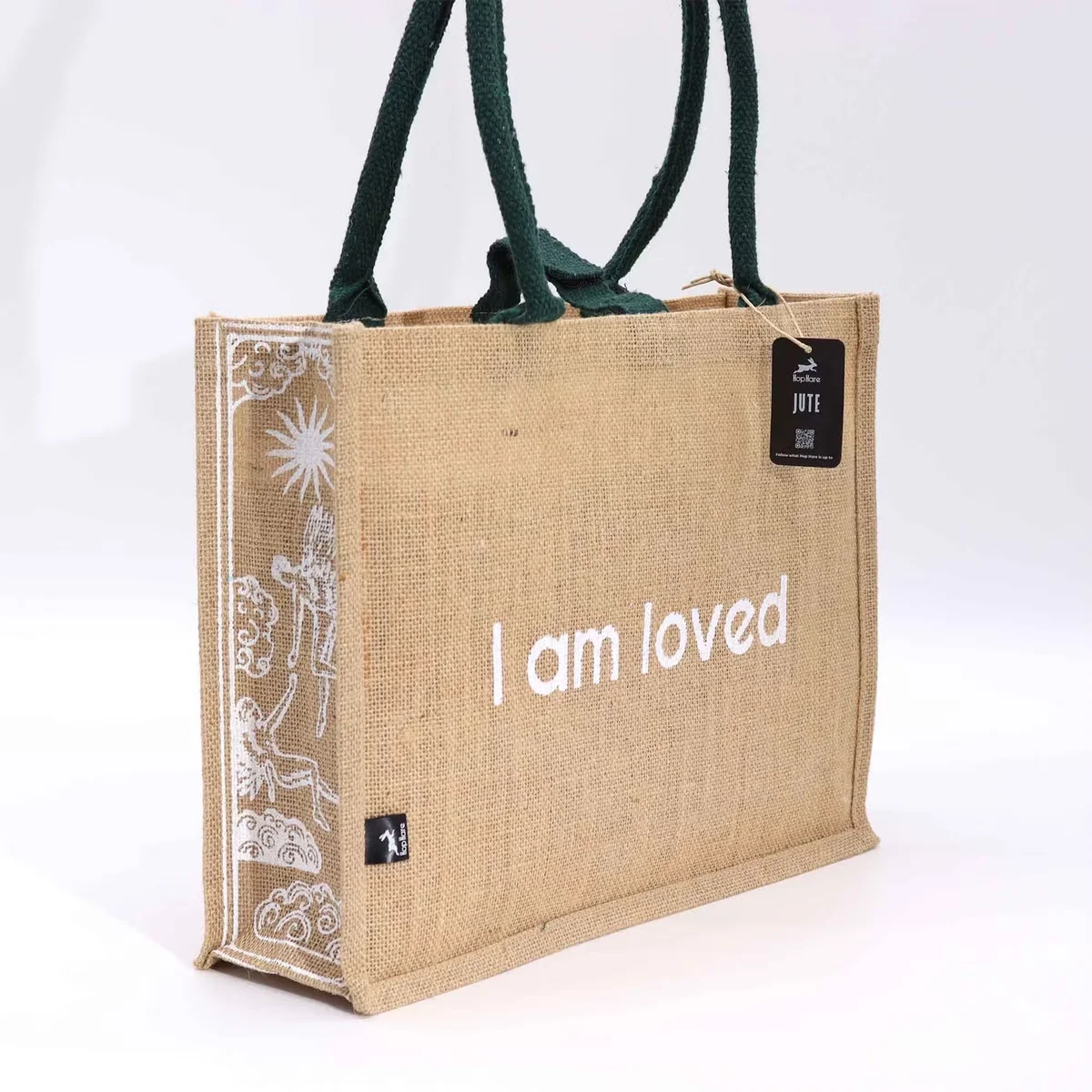 Stylish jute bag with "I am Loved" text, large size, natural woven texture, Hop Hare brand design