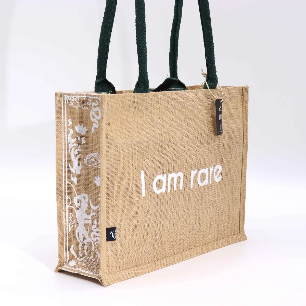 Large jute bag with Hop Hare design and "I am Rare" text printed on the front