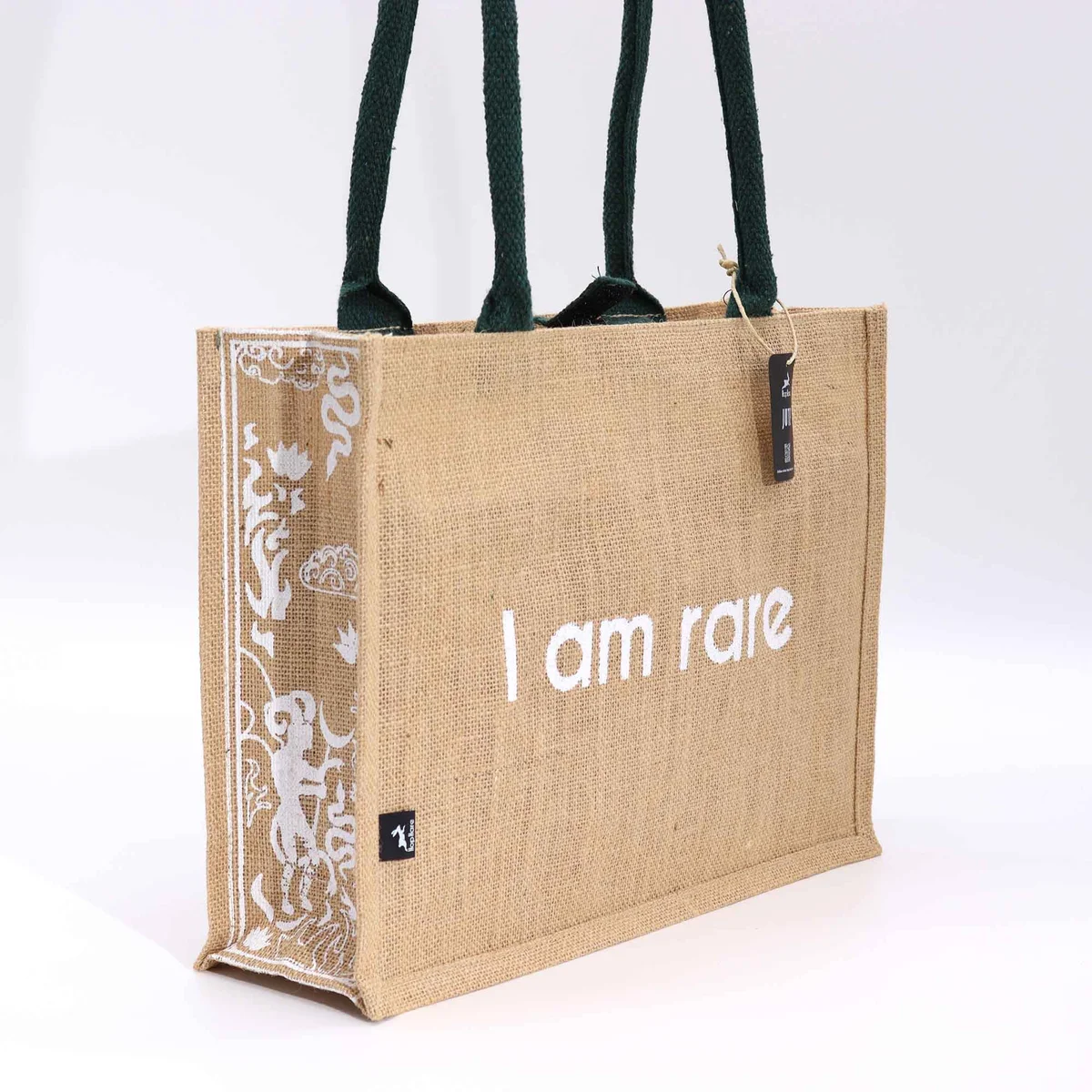 Hop Hare Jute Big Bag with I am Rare text, eco friendly tote made from natural jute material