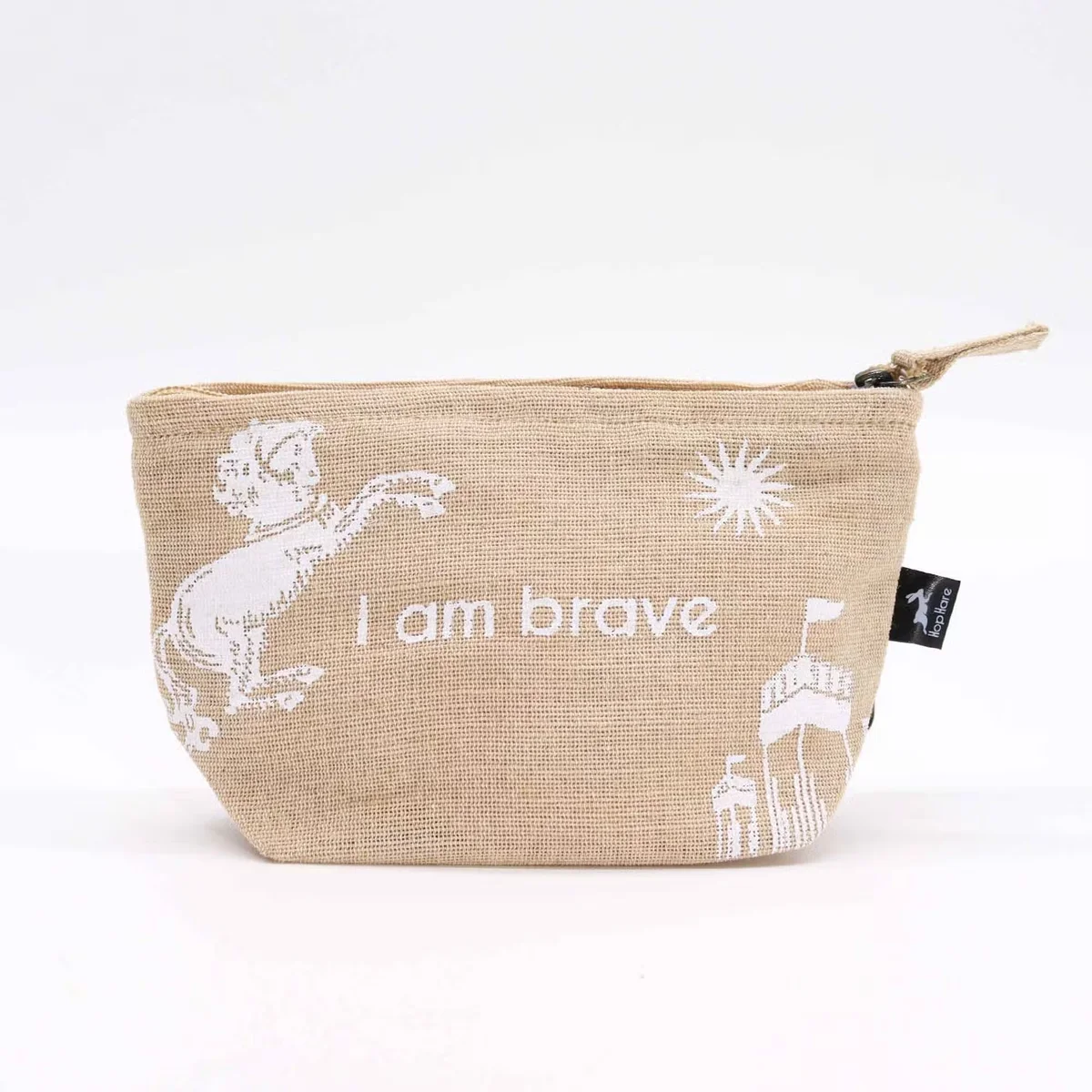 Hop Hare Pouch with "I am Brave" text, motivational pouch featuring a playful hare design on a fabric background