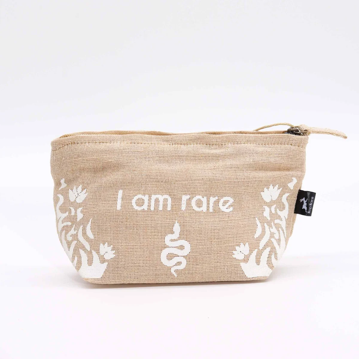 Hop Hare Pouch with "I am Rare" text, a unique animal pouch in soft fabric, designed for storing small items