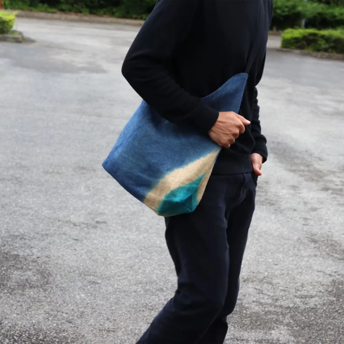 Denim blue soft blend shoulder tote bag displayed with adjustable straps and spacious interior, ideal for daily use