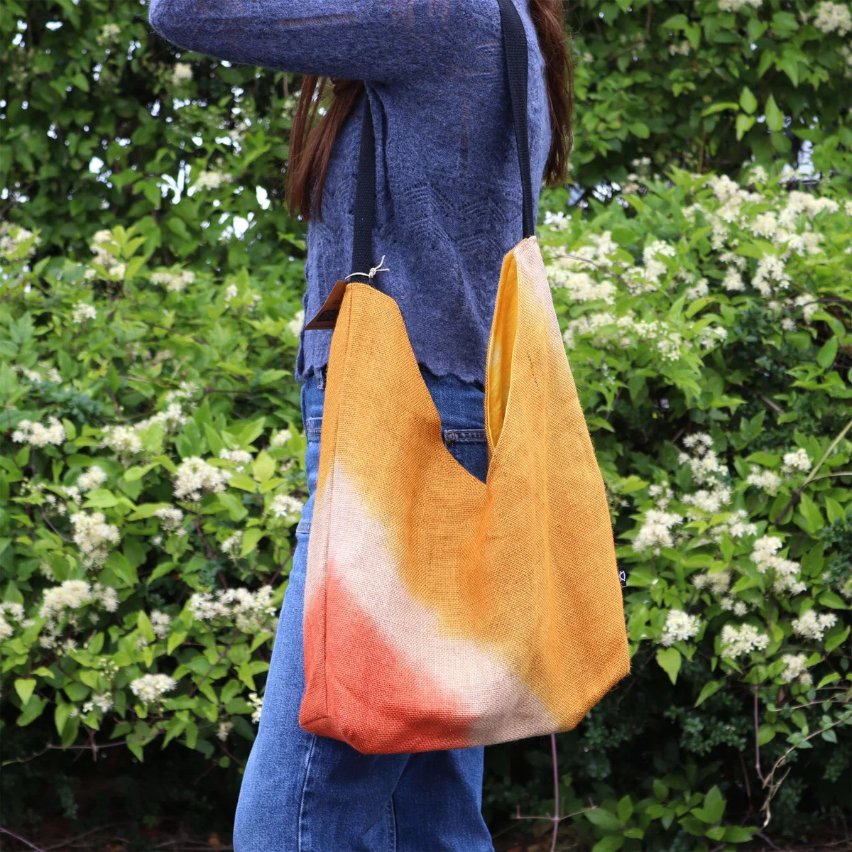 Soft blend shoulder tote in turmeric color with soft fabric and shoulder strap, ideal for everyday use