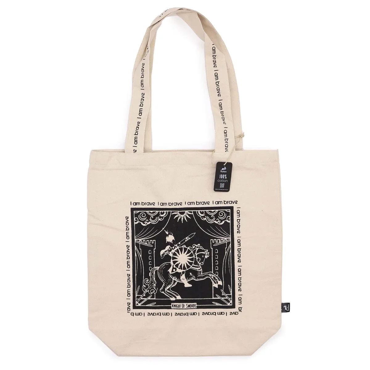 Hop Hare tote bag in beige with black text "I am Brave" printed on front, sturdy handles for carrying.