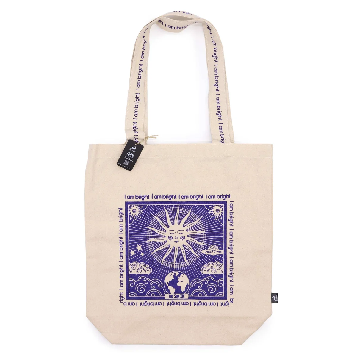 Stylish tote bag with Hop Hare design and "I am Bright" text on natural fabric background, shown flat on white surface