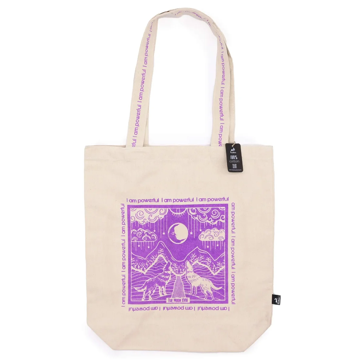Stylish tote bag with "I am Powerful" text and Hop Hare design on natural fabric background