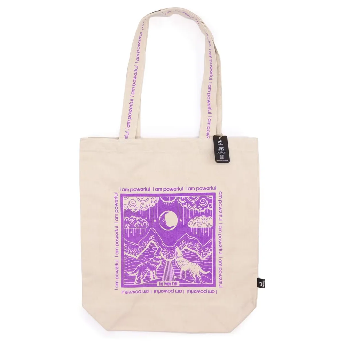 Lightweight tote bag with Hop Hare design and I am Powerful text in bold font on natural fabric background