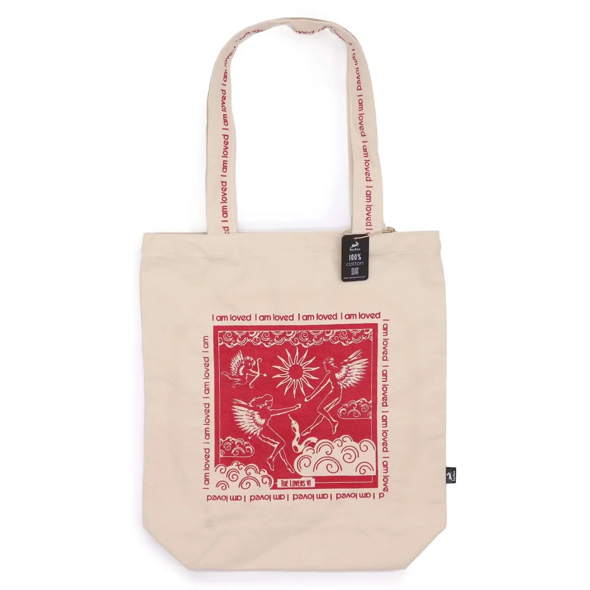 Lightweight tote bag featuring Hop Hare design and "I am Loved" text on natural fabric background