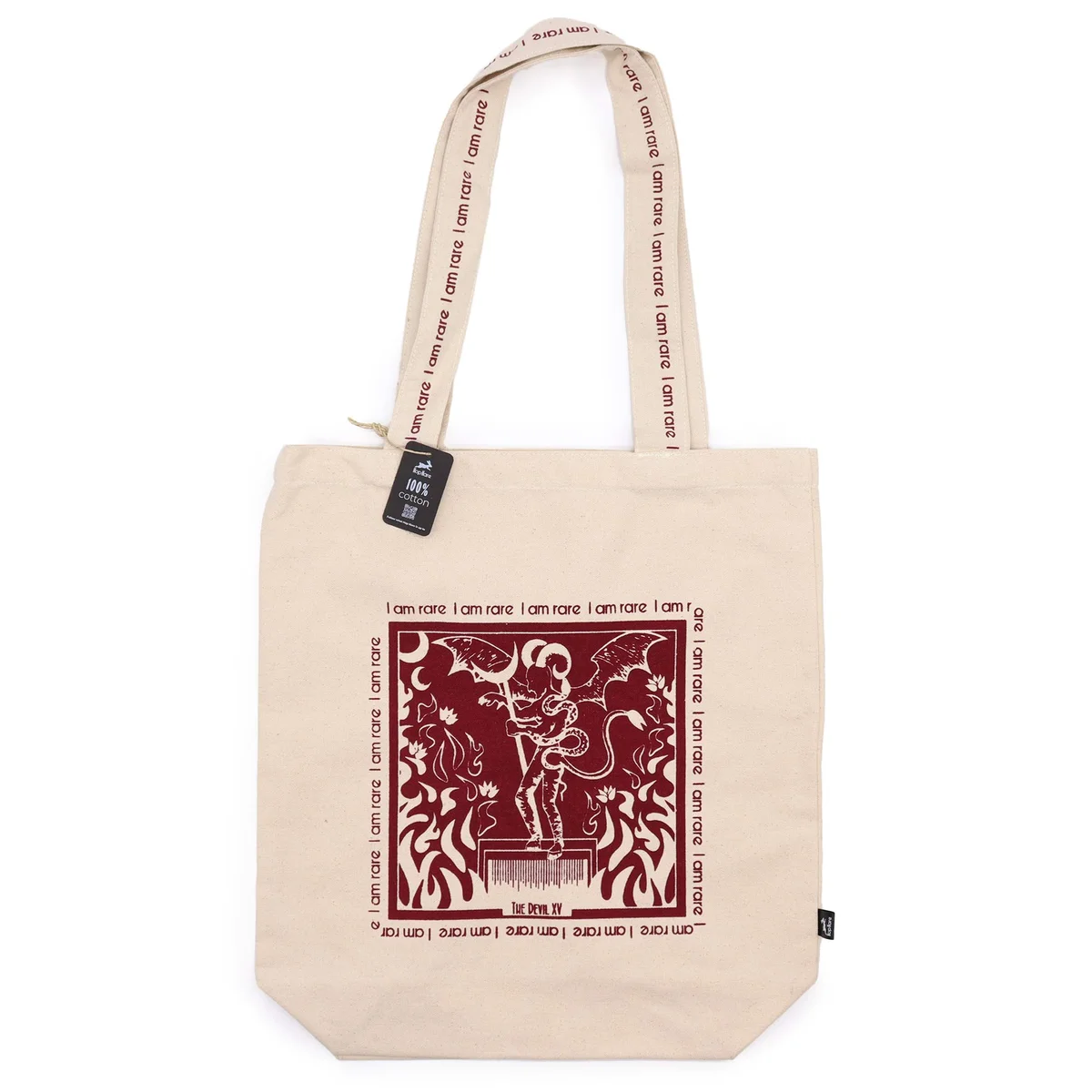 Stylish tote bag featuring Hop Hare design with I am Rare text on a cream background, shown flat on white surface