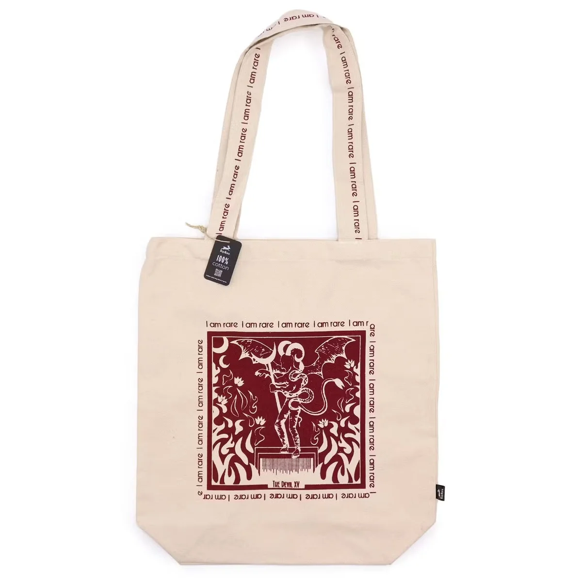 Lightweight tote bag with Hop Hare design and "I am Rare" text on natural fabric background, shown flat on white surface