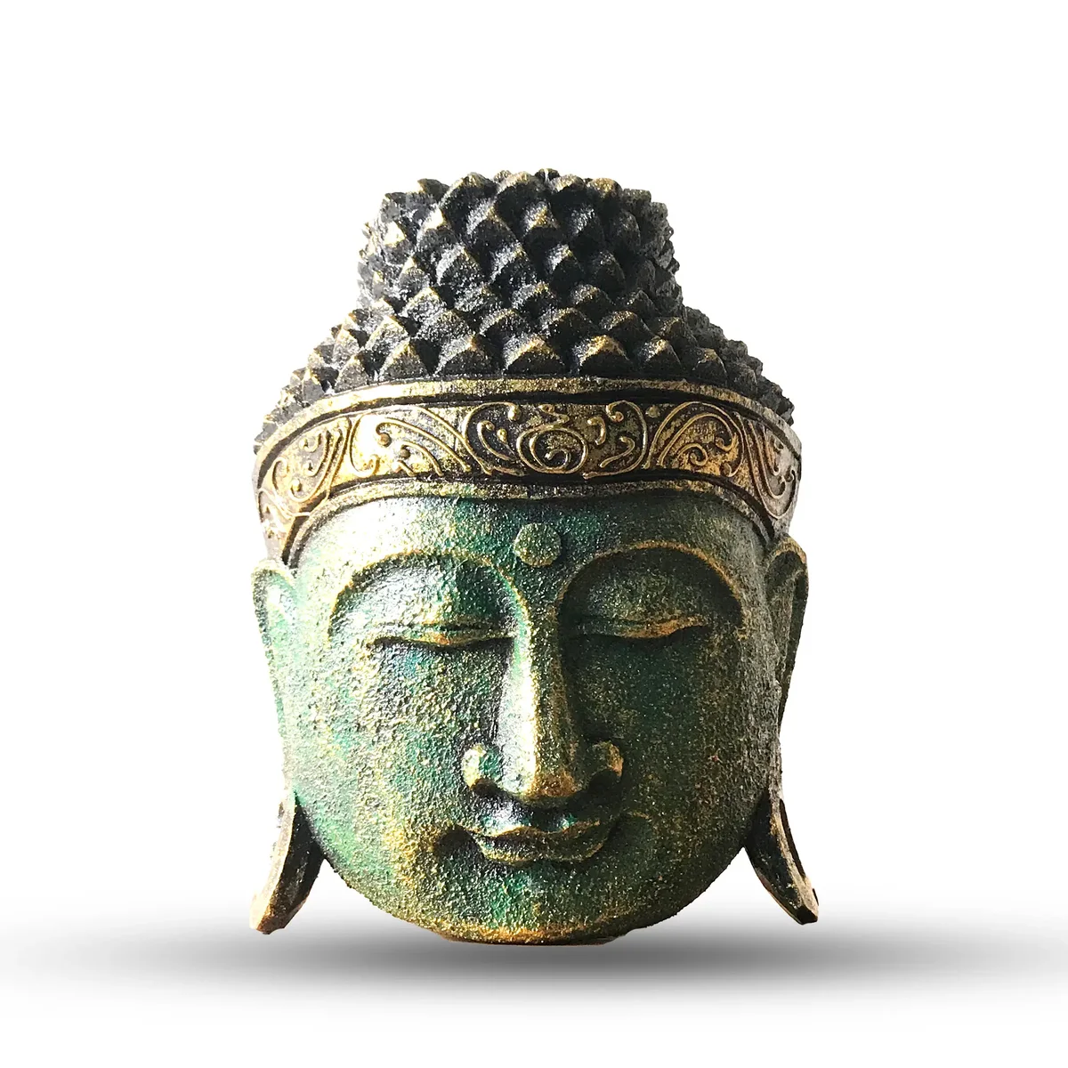 Decorative 25cm Buddha head sculpture with a green shine finish for home decoration