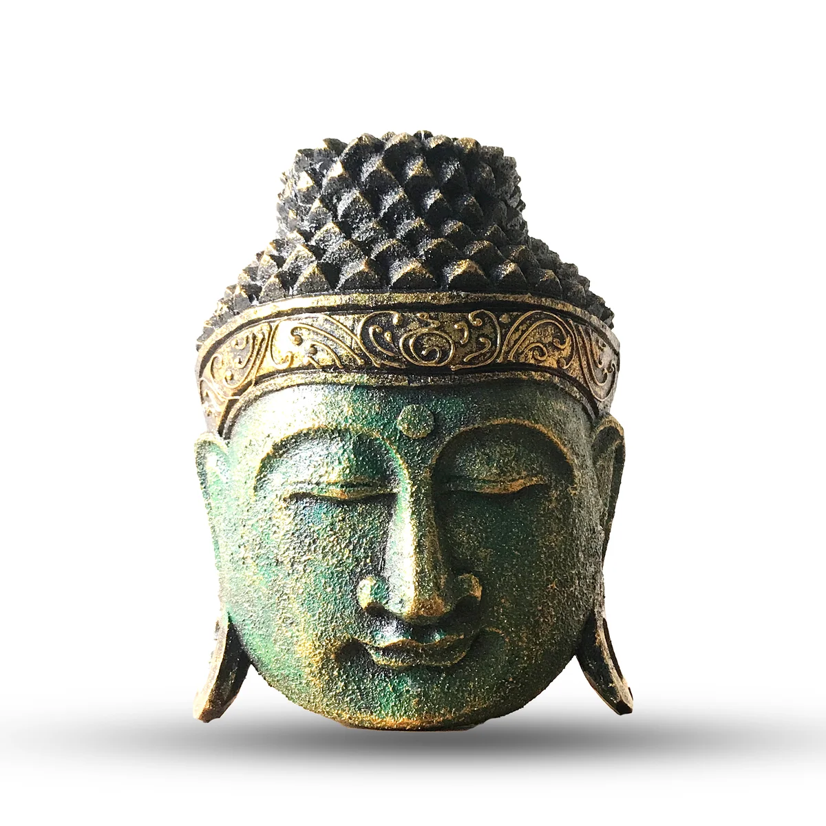 Green shine finish 25cm Buddha head sculpture for home decoration on plain background