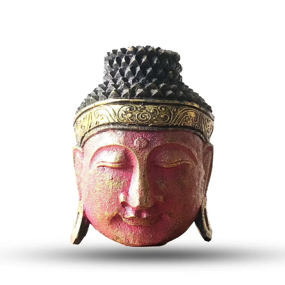 Red shine finish 25cm Buddha head sculpture for home Buddha decor displayed on a wooden shelf against white wall