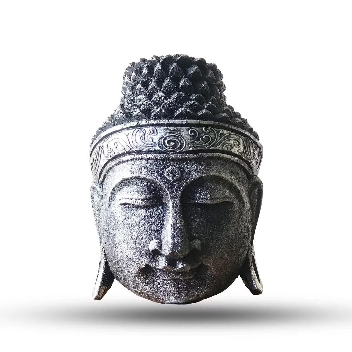 Silver shine 25cm Buddha head home decoration ornament with detailed facial features on a plain background