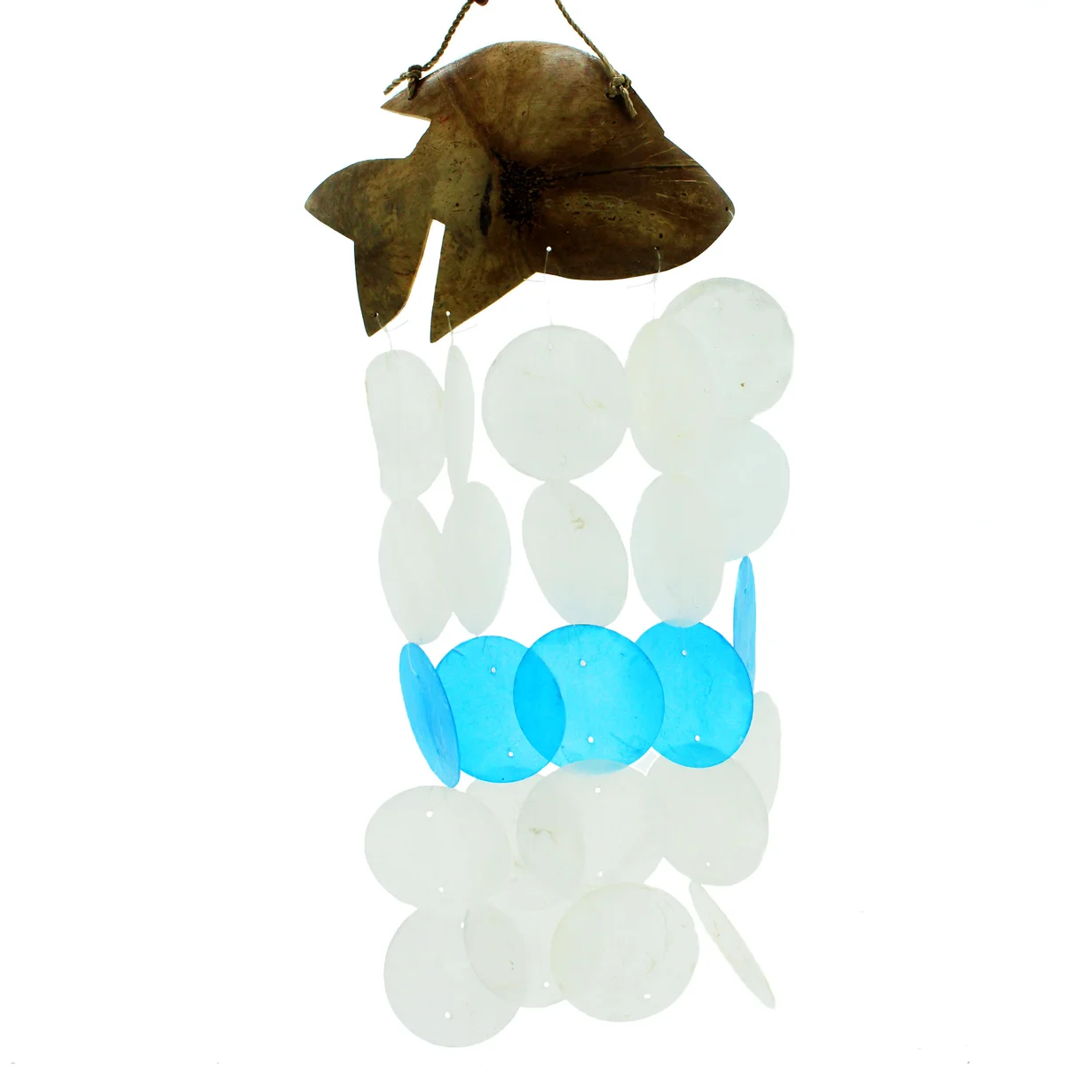 Blue dolphins design on 30cm windchimes made from coconut and capiz shells hanging decor