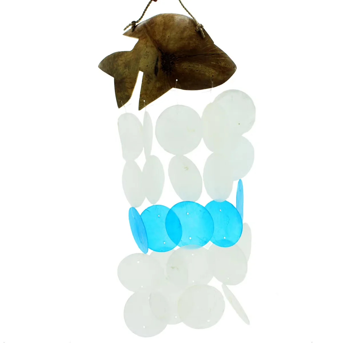 Blue dolphin shaped outdoor garden windchimes made from coconut and capiz, 30cm length hanging decor