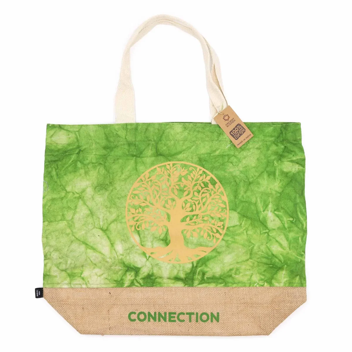 Green stonewash all natural tree of life bag with connection design, front view on plain background
