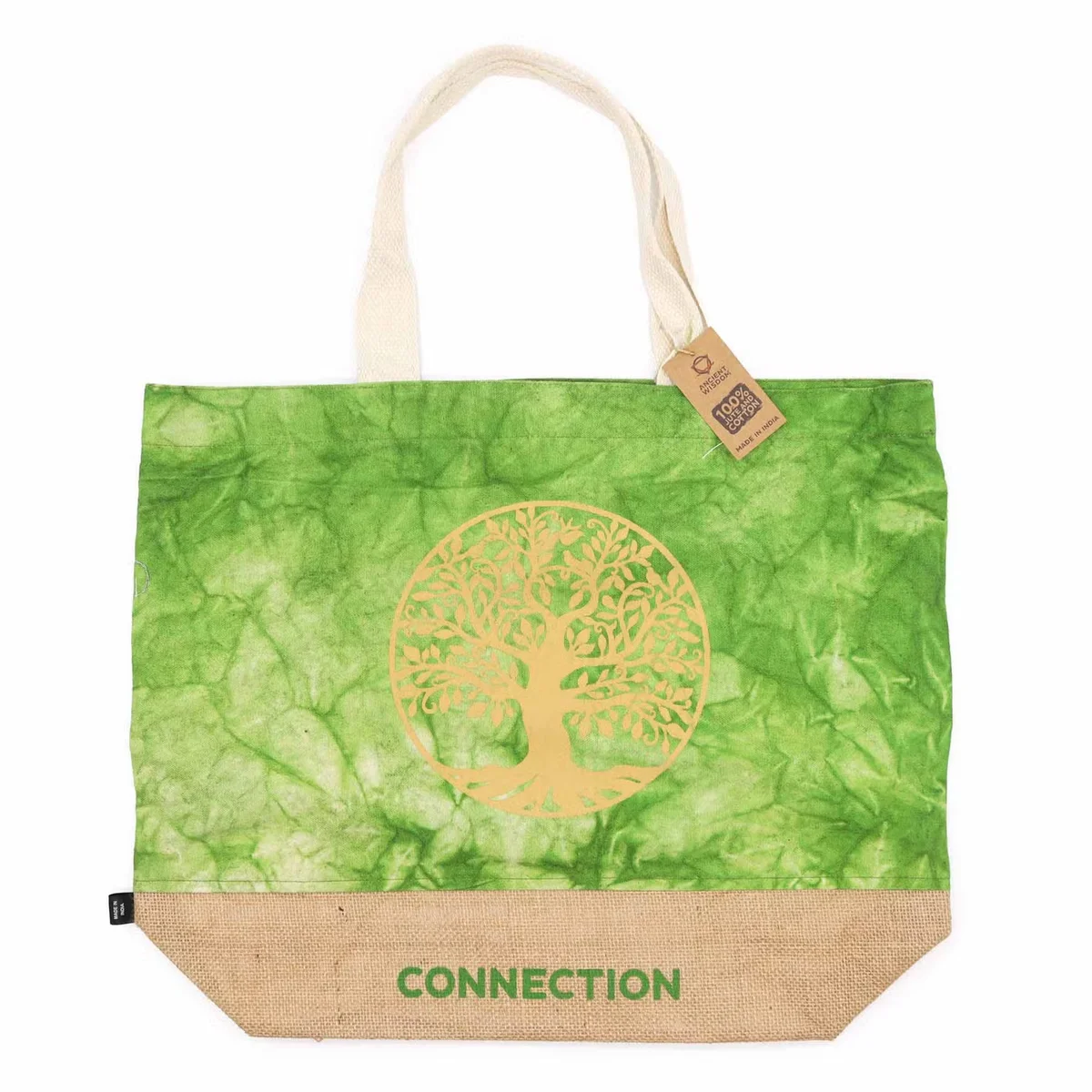 Green stonewash purse featuring all natural material with Tree of Life design symbolizing connection, shown on neutral background