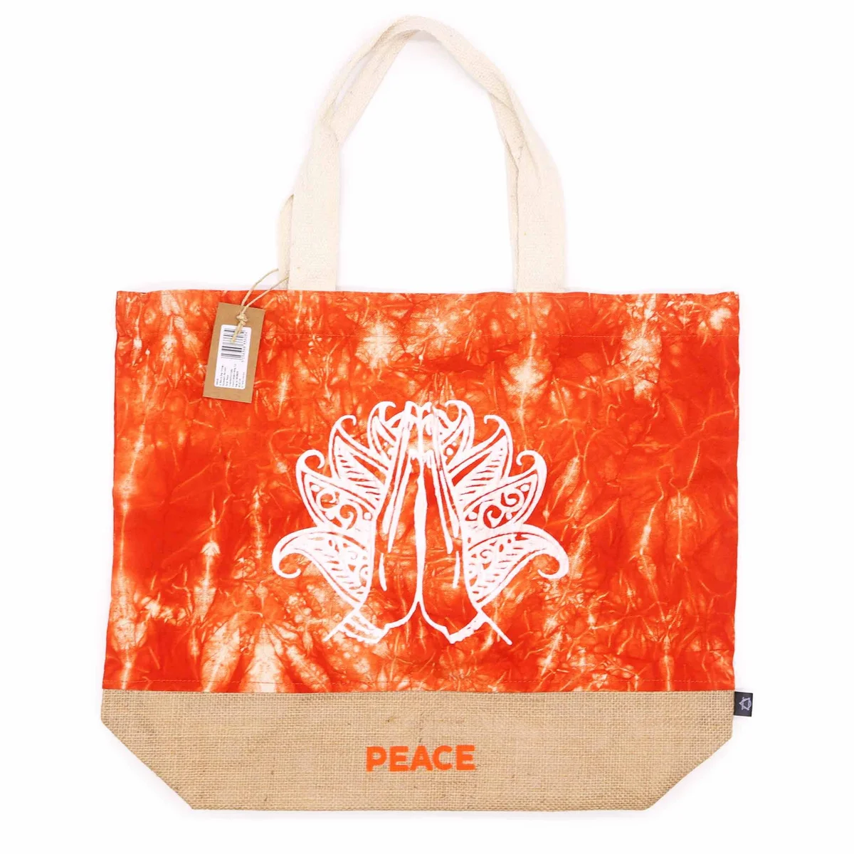 Orange stonewash natural tote bag featuring a Namaste hand and peace symbol design