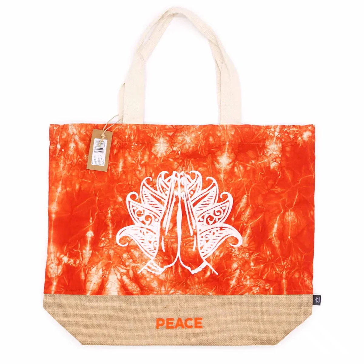Orange stonewash all natural bag featuring Namaste hand design, peace symbol tote for everyday use