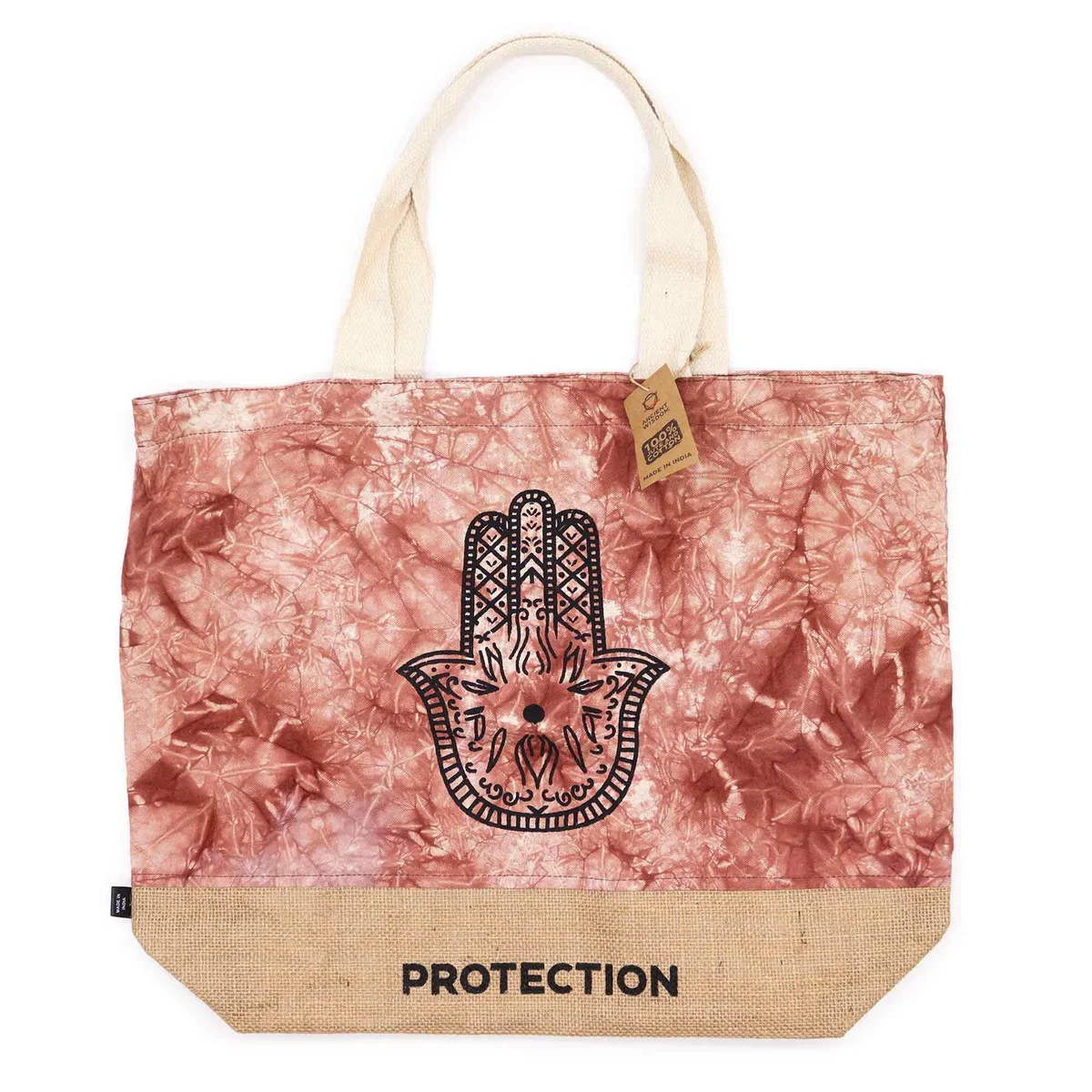 Terracotta stonewash bag featuring a Hamsa hand design symbolizing protection, made from all natural materials