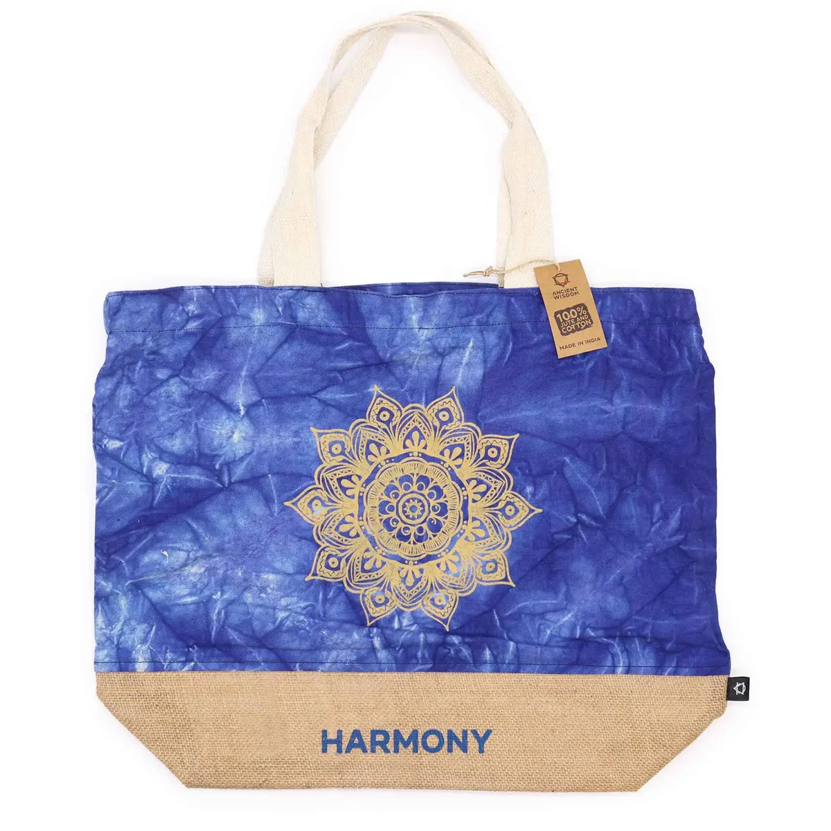Blue stonewash bag with all natural fabric featuring a mandala harmony design on the front
