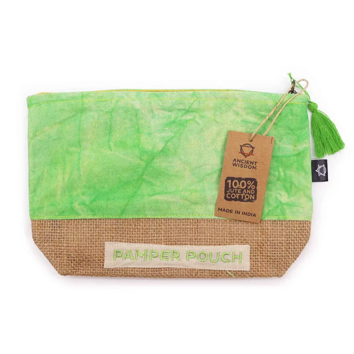 Mother Earth pouch in green stonewash fabric, compact and soft, designed for pampering essentials storage