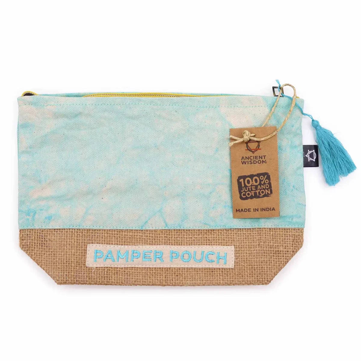 Stonewash blue cosmetic storage pouch with zip, laid flat showing textured fabric and subtle color variations