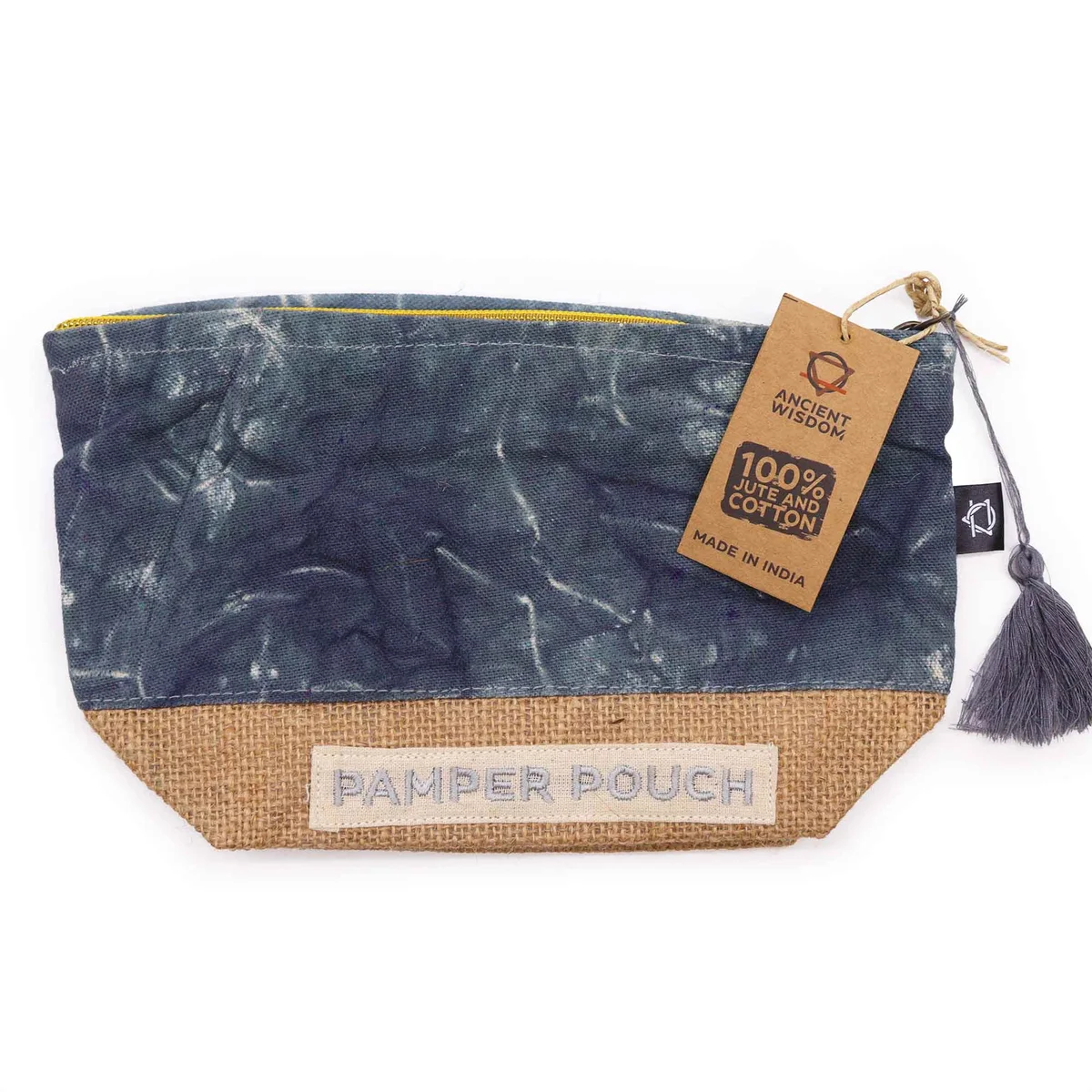 Charcoal stonewash small storage pouch with zipper, flat on white background, showing front side and texture details