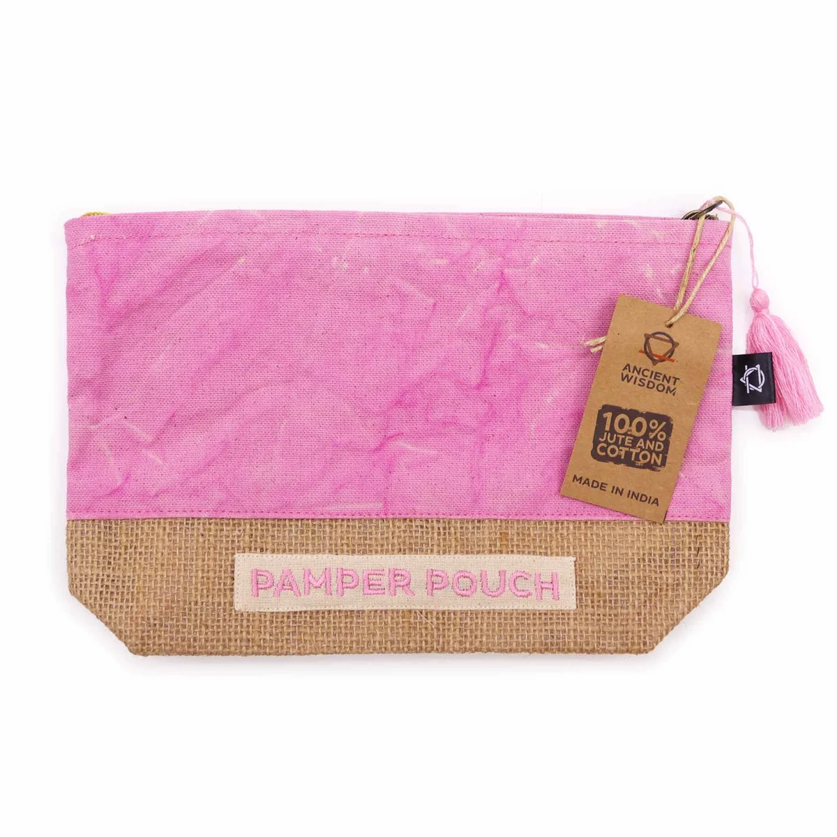 Pink and purple stonewash pamper pouch with zip closure, designed for storing beauty essentials