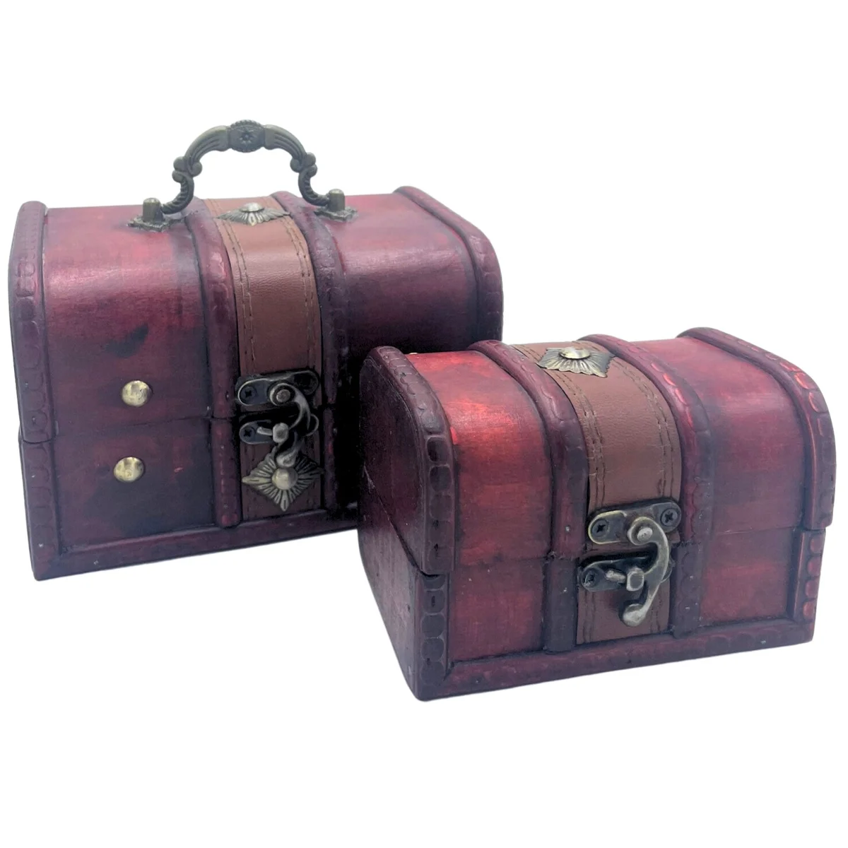 Set of 2 natural wooden treasure chests with metal clasps, stacked and closed, treasure chest set for storage or decor