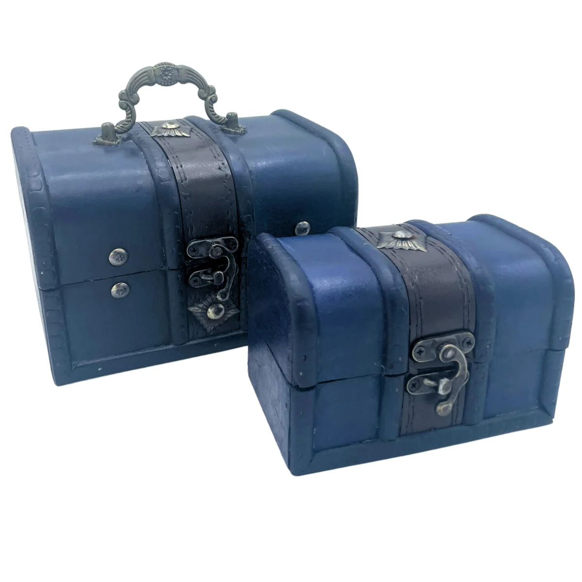 Set of 2 teal treasure chests with metal clasps, stacked side by side on a white background